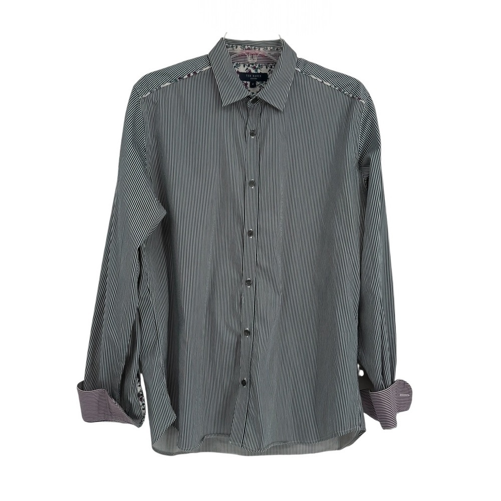 Ted Baker Men Navy Blue Striped Long Sleeve Button-Up Shirt Size 4 (L) Flip Cuff